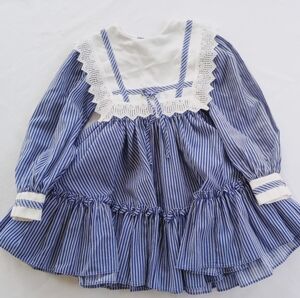 Vintage Mini World Blue and White Striped Dress Square Collar Lace Size 4